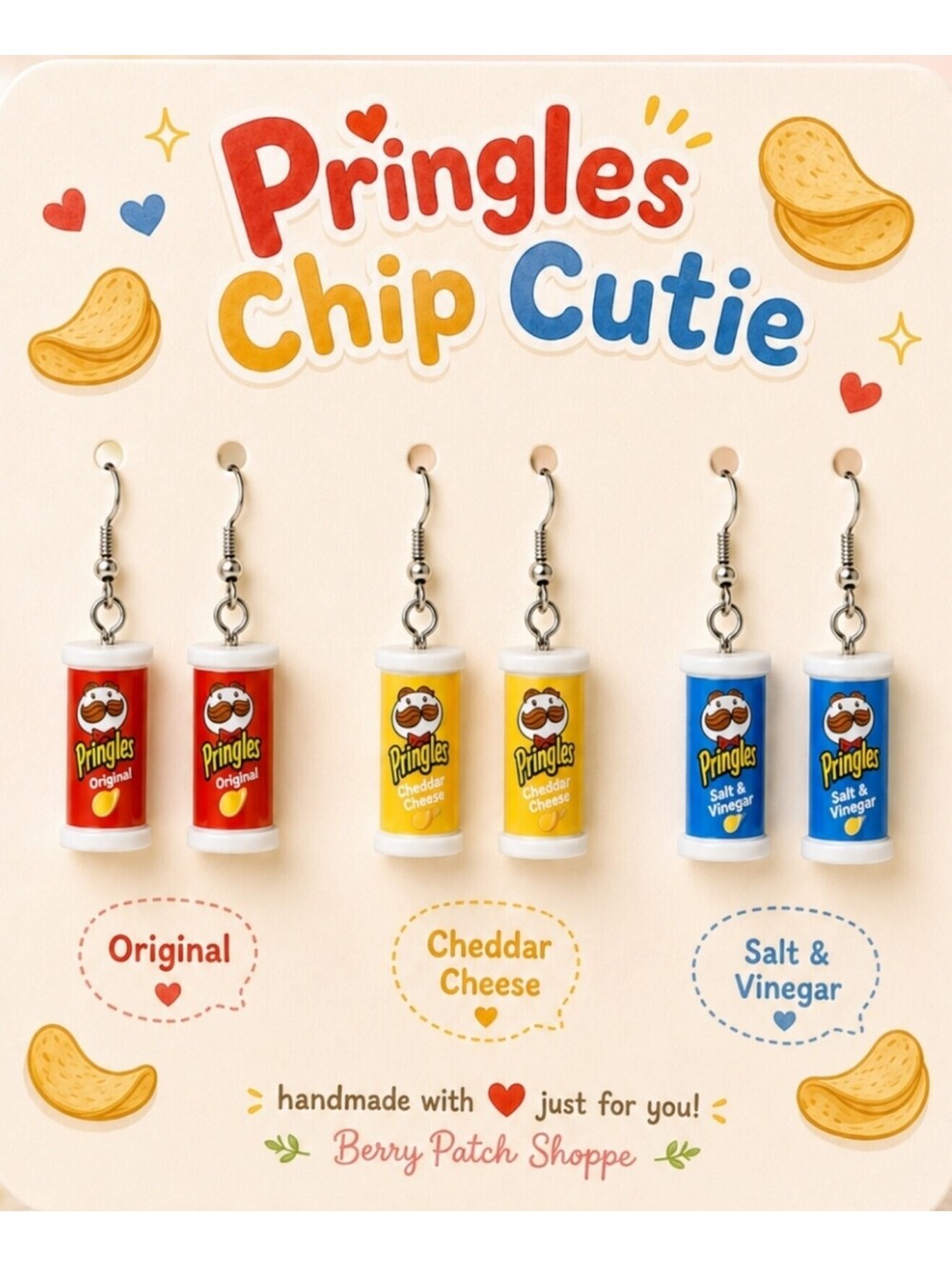 Fun Retro Jewelry Mini Pringles Chips Set of 3 Hypoallergenic Earrings